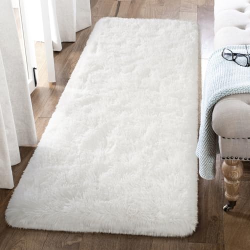 BENRON Fluffy Runner Rug 2x4, Soft Runners for Bedroom Hallyway Cream White | Modern Washable long Rugs for Entryway Kitchen Dorm, Throw Area Rug for Kids Girls Room Decor, Non Slip Indoor Plush rug - color: Cream White, size: 2' x 4' (Runner)