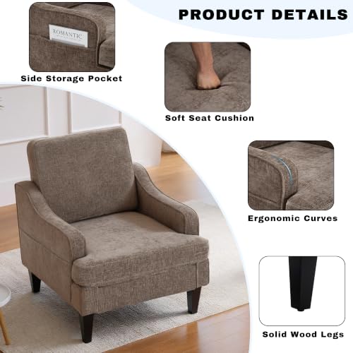 Accent Chair for Living Room,Mid-Century Arm Chair Chenille Fabric Living Room Chairs,Upholstered Reading Chair for Bedroom,Single Sofa Chair with Wood Legs for Apartment (Brown) - color: Brown