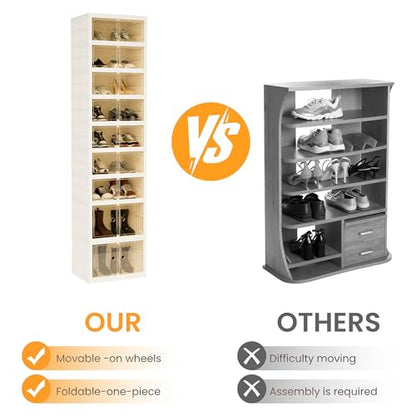 Foldable Shoe Organizer Storage Box, Portable Extra Large Folding Shoe Rack for Closet, Shoe Storage Box with Magnetic Transparent Door and Wheels, 9 Layers 18 Grids with 4 Big Grids - size: White 9 Layers-C