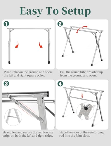 Folding Stainless Steel Laundry Drying Rack 79 Inches | Heavy-duty stainless steel, Foldable & Retractable, Holds up to 150 lbs, Includes 20 windproof hooks for indoor & outdoor use - size: 79''