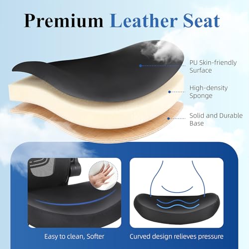 Ergonomic Office Chair, Flip-up Armrest, Mesh Back PU Leather Seat | Black Computer Desk Chair, Height Adjustable, Lumbar Support, Breathable Mesh Back, Thick PU Leather Cushion, 300lb Cap