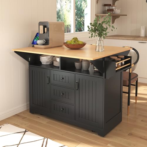 55.7" W Kitchen Island with 2 Drop Leaf, Moblie Kitchen Cart On Wheels with Storage Cabinet, 3 Drawers, Multifunctional Rolling Dining Table with Power Outlet, Spice & Towel Rack (Black-v) - color: Black-v)