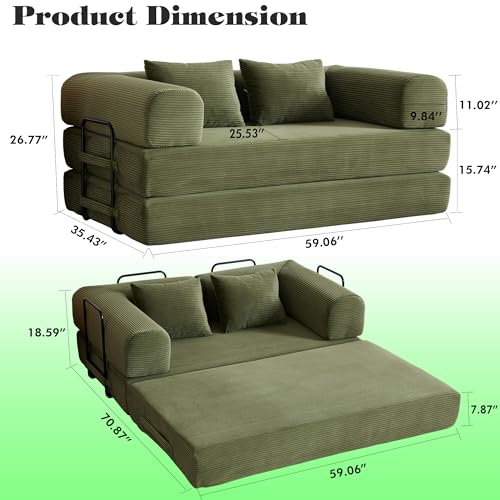 Convertible Sleeper Sofa Bed with Cylindrical Pillows, Corduroy Folding Mattress Couch, Fixed-Shape Metal Frame,Floor Lounge Loveseat for Living Room,Bedroom,Apartment,Guest Space (Green,Loveseat) - color: Green, size: 59.06"L x 35.43"W x 26.77"H