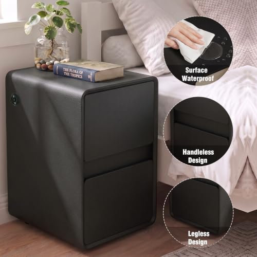 Modern Leather Nightstands Set of 2, Solid Wood Bedside Table with 2 Drawers & USB Charging Station, Preassembled End Table Small Nightstand for Bedroom Living Room Office, Black - color: Black, size: 16"
