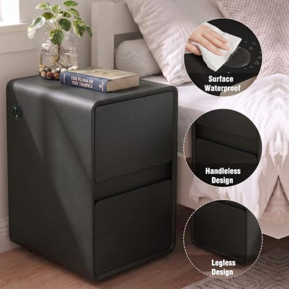 Modern Leather Nightstands Set of 2, Solid Wood Bedside Table with 2 Drawers & USB Charging Station, Preassembled End Table Small Nightstand for Bedroom Living Room Office, Black - color: Black, size: 16"
