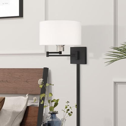 Livex Lighting 40036-04 1-Light Swing Arm Wall Light, Black | Off-White Fabric Shade - color: Black with Brushed Nickel Accent