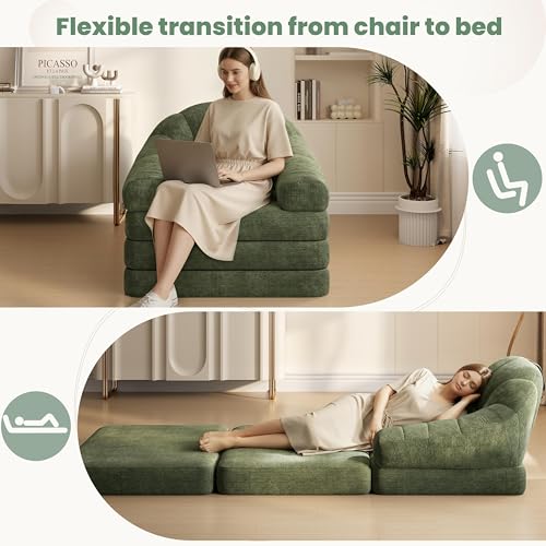 Yaheetech 93" Folding Sofa Bed Convertible Sofa Chenille, Green | Foldable Sofa Bed Convertible Chair Sleeper Chenille Couch with Handle, U-Shape Support for Living Room, Bedroom, Apartment - color: Green