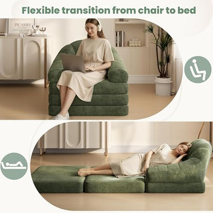 Yaheetech 93" Folding Sofa Bed Convertible Sofa Chenille, Green | Foldable Sofa Bed Convertible Chair Sleeper Chenille Couch with Handle, U-Shape Support for Living Room, Bedroom, Apartment - color: Green