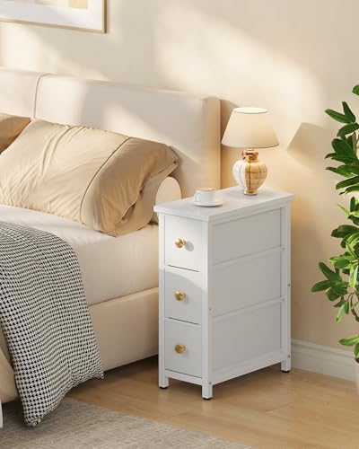 Narrow Side Table with 3 Fabric Drawers, Industrial Slim Bedside Table for Small Spaces, Bedroom, Living Room, Dormitory, White TBZ09WB - color: White