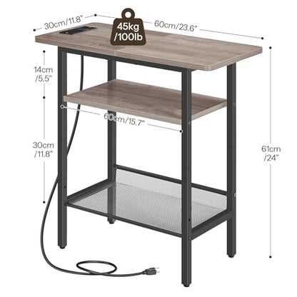 HOOBRO Side Table, Narrow End Table with Shelf, Charging Station, Wide Storage Tabletop, 3-Tier Bedside Tables for for Small Spaces, Living Room, Bedroom, Greige and Black BG366UBZ01 - color: Greige + Black