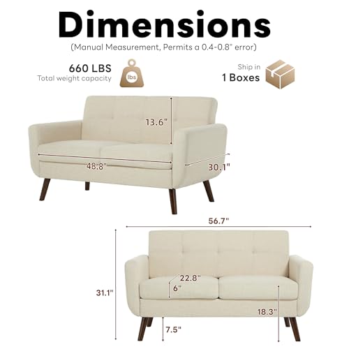 Tbfit 56" W Loveseat Sofa, Mid Century Modern Decor Love Seat Couches for Living Room, Button Tufted Upholstered Small Couch for Bedroom, Solid and Easy to Install Love Seats Furniture, Beige - color: Beige, size: 56.7 inch