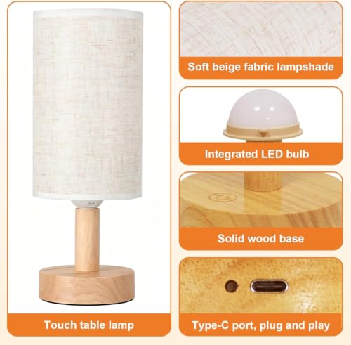 Rechargeable Cordless Table Lamp,Touch Control&Stepless Dimming,Wireless Bedside Ambient Night Light with Wood Base&Linen Shade,Portable Battery Lamp for Bedroom,Nightstand,Nursery,Camping,Outdoor