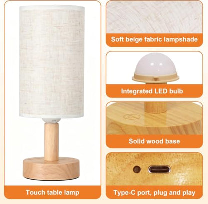 Rechargeable Cordless Table Lamp,Touch Control&Stepless Dimming,Wireless Bedside Ambient Night Light with Wood Base&Linen Shade,Portable Battery Lamp for Bedroom,Nightstand,Nursery,Camping,Outdoor