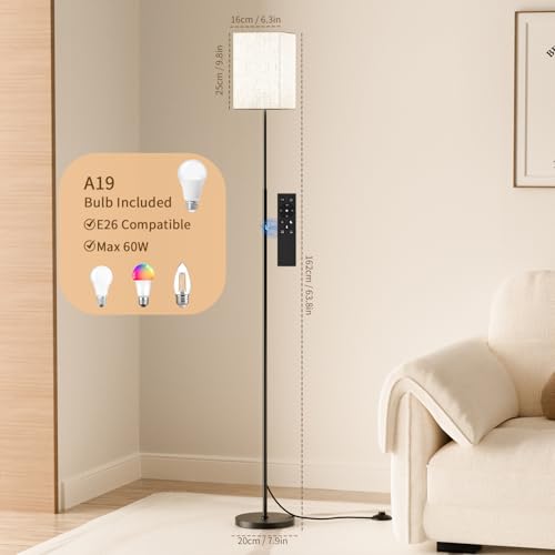 63.8" Square Floor Lamp with White Linen Shade | Dimmable Standing Lamp, Remote & Foot Switch, 3 Color Temperatures, 9W LED Bulb Included, for Living Room, Bedroom & Office - color: Beige