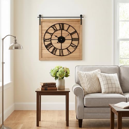 EMAX HOME 24 Inch Large Farmhouse Wall Clock, Unique Square Rustic Solid Wood Frame with Black Metal Hanging Rod, Silent Non-Ticking Quartz Movement, for Living Room, Bedroom, Kitchen - color: Brown 2