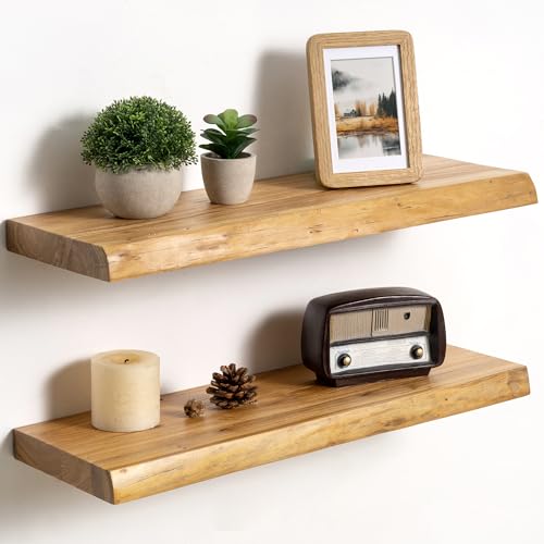 Fun Memories Solid Elm Wood Live Edge Floating Shelves for Wall, 24 x 8 Inch Rustic Wall Shelves Set of 2 with Invisible Brackets for Living Room Bedroom Kitchen, Natural - color: Natural Finish, size: 24", 2-Pack