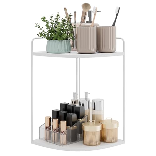 Bathroom Counter Organizer, Vanity & Makeup Countertop Organizer | Corner Bathroom Counter Organizer, Bathroom Sink Organizer, Bathroom Counter Shelf, Countertop Organizer, Corner Desk Shelf - color: White 2 Tier