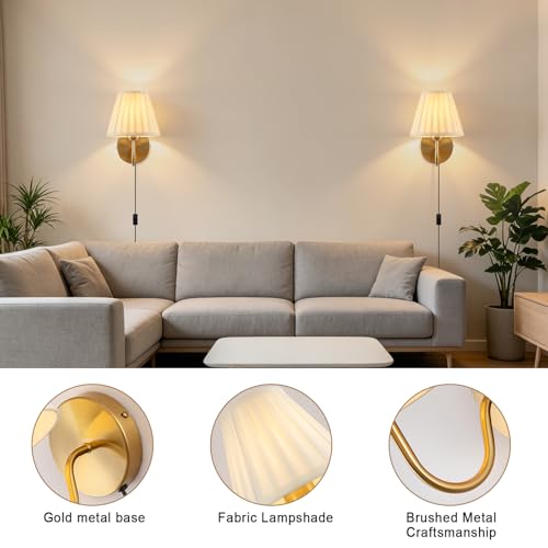 Plug in Wall Sconces Set of Two, Fabric Shade Wall Light with On/Off Switch, Plug in Wall Mount Lamps Wall Decor Set of 2, Gold Sconces Wall Lighting Fixture for Bedroom Bedside Living Room Porch - color: Gold