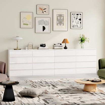 White 8 Drawer Dresser for Bedroom Wooden Closet Storage | Wood Dresser, Modern High Gloss, Handle-Free, for Entryway, Living Room, TV Stand - size: 15.4"D x 55.1"W x 33.9"H (8 Drawers)