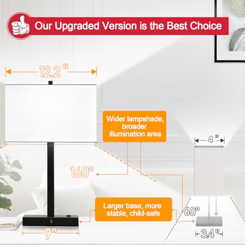 Lynnoland 21" Set of 2 Table lamp with USB A+C & AC Outlets, Touch Control 3-Way Dimmable Nightstand Lamps for Bedroom Living Room Office Reading, White Shade Touch Lamps, 5000K LED Bulbs Included - color: (2 Pack)White Line & Matte Black (Base)-Two 5000K