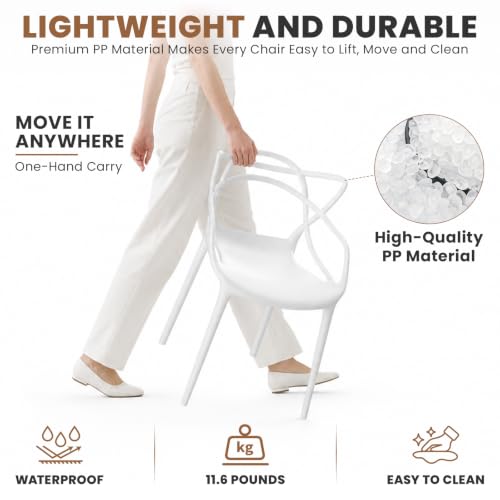 Mid Century Modern Dining Chairs Set of 4, Stackable Kitchen Chairs | Plastic Dining Room Chairs with Contoured Backrest & Wide Seat & Non-Slip Feet for Dining/Kitchen/Living Room, White - color: White