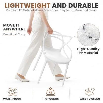 Mid Century Modern Dining Chairs Set of 4, Stackable Kitchen Chairs | Plastic Dining Room Chairs with Contoured Backrest & Wide Seat & Non-Slip Feet for Dining/Kitchen/Living Room, White - color: White