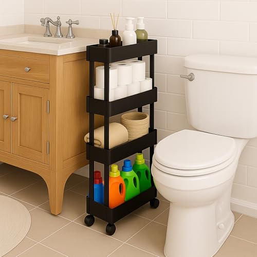 ShellKingdom 4 Tier Bathroom Storage Organizer, Slim Rolling Storage Cart for Narrow Space, Mobile Shelving Unit with Lockable Wheels and Hooks for Bathroom, Kitchen, Laundry Movable Shelf (Black) - color: Black