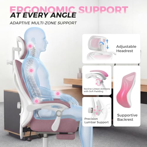 CYKOV Ergonomic Office Chair, Reclining, Footrest, Adjustable Lumbar, 350LB | 4-Way Headrest (4.72" + 60°), 2-Way Lumbar (2" + 1.18"), 90-135° Recline, Breathable Mesh, Gaming & Office, 5-Year Warranty - color: W-pink