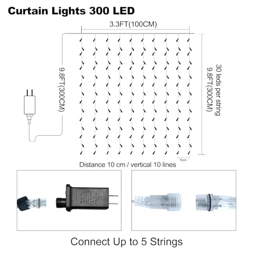 300 LED Curtain Lights Plug-in Fairy Curtain Lights with 8 Modes, Connectable Indoor/Outdoor for Christmas Decorations, Weddings, Walls, Windows, Parties，Warm White