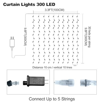 300 LED Curtain Lights Plug-in Fairy Curtain Lights with 8 Modes, Connectable Indoor/Outdoor for Christmas Decorations, Weddings, Walls, Windows, Parties，Warm White