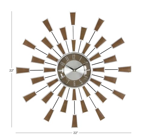 deco 79 Metal Starburst Wall Clock, Clock 22" x 3" x 22", Brown | Decorative Starburst Starburst For Home With Silver Accents Kitchen Clock Clock