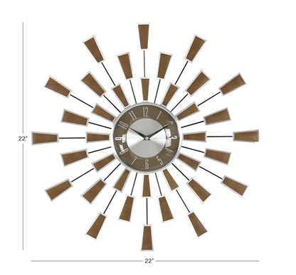 deco 79 Metal Starburst Wall Clock, Clock 22" x 3" x 22", Brown | Decorative Starburst Starburst For Home With Silver Accents Kitchen Clock Clock