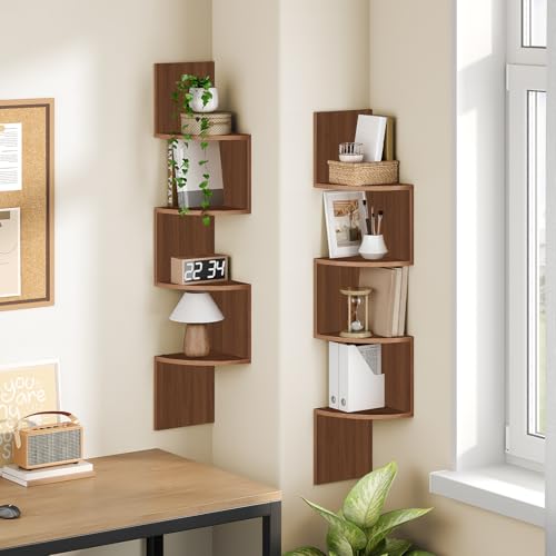 HOOBRO Corner Shelf Wall-Mounted, Set of 2 Floating Corner Shelves for Wall, 4-Tier Corner Bookshelves for Living Room, Bedroom, Bathroom, Home Office, Walnut WL25BJP201 - color: Walnut, size: 41.3 Inches