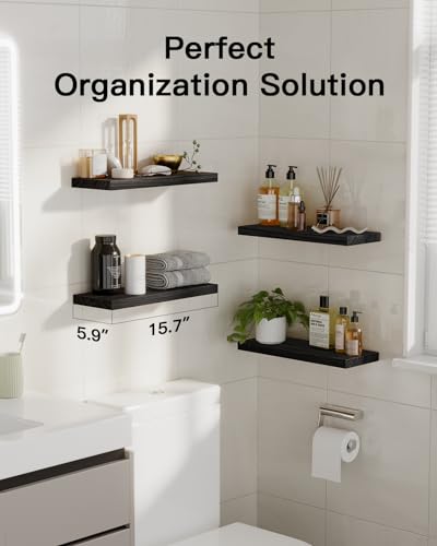 Amada Paulownia Wood Floating Shelves for Wall, Set of 4, Black | Wall Shelves with Solid Metal Concealed Brackets, 22 lbs Capacity per Shelf, Includes Drilling Template, Flexible 4-Piece Set - color: Black, size: 4