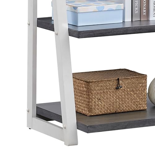 5-Tier Shelves,Bookshelf, Storage Rack, Bookcase with Rubber Wood Frame, Ladder Shelf for Living Room, Home Office, Kitchen, Bedroom, Apartmen (Grey+White 5-Tier)