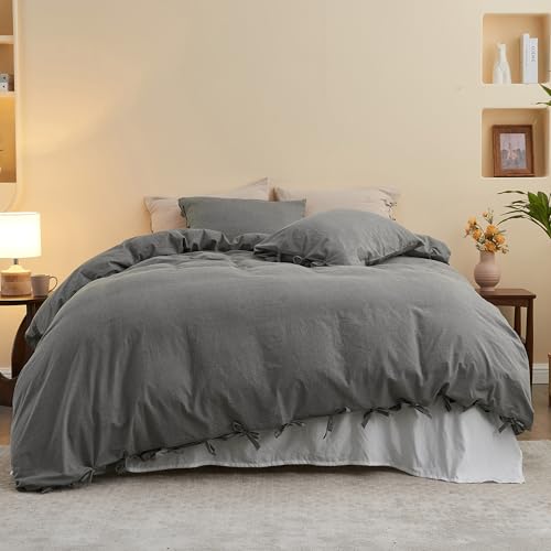 BISELINA 100% Washed Cotton Duvet Cover Set 3pcs with Bowknot Ties Strap Solid Color Linen Like Textured Durable Breathable Soft Comfy Chic Bedding (Twin, Dark Grey) - color: Dark Grey, size: Twin