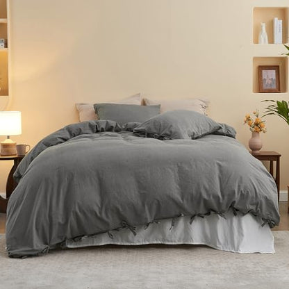BISELINA 100% Washed Cotton Duvet Cover Set 3pcs with Bowknot Ties Strap Solid Color Linen Like Textured Durable Breathable Soft Comfy Chic Bedding (Oversized King, Dark Grey) - color: Dark Grey, size: Oversized King