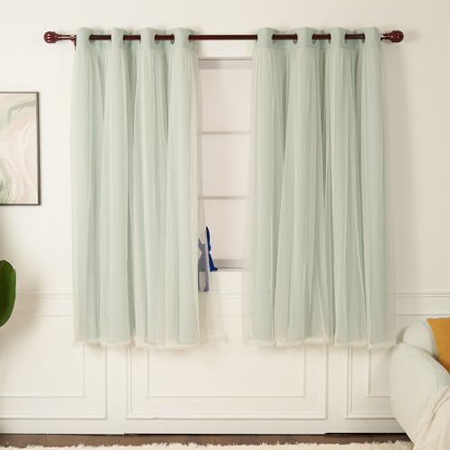 INLINAS Blackout Curtains with Sheer Overlay, Mint, 52x63 Inches | Grommet Top Double Layer Curtains for Bedroom and Living Room Thermal Reduction Light Blocking and Energy Saving, Set of 2 - color: Mint, size: 52"W x 63"L (Pack of 2)