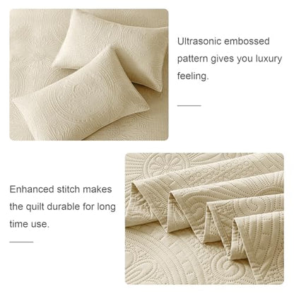 WURUIBO Full/Queen Quilt Set Beige,Ultrasonic Embossed Bedspread, Lightweight Microfiber Coverlet, Modern Thin Bedding Set for All Season, 3 Piece(1 Quilt,2 Pillow Shams) - color: Beige, size: Full/Queen(90"x96")