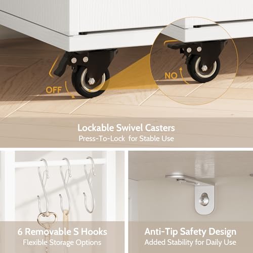 Bakers Rack with Power Outlet and Storage, 5-Tier Microwave Stand | Farmhouse Kitchen Hutch with Cabinet and Wheels, Coffee Bar with Foldable Side Table, Storage Shelves, 6 Hooks, White - color: White