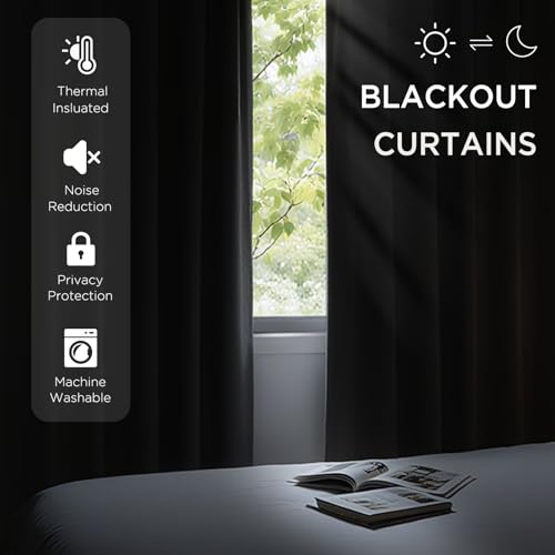 CUCRAF Blackout Curtains 90 inches Long 2 Panels Set for Bedroom, Black Rod Pocket Room Darkening Curtain for Living Room, Thermal Insulated Window Drapes (W 52 x L 90 Inch) - color: Black, size: 52"W x 90"L (Pack of 2)