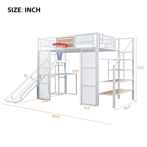 LUMISOL Full Size Loft Bed with Desk and Stairs, Heavy Duty Metal Loft Bed Frame with Storage Shelves and Basketball Hoop, Noise Free, No Box Spring Needed, White - color: White, size: Full with Slide