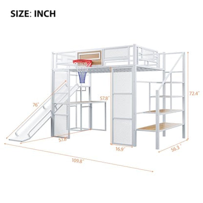 LUMISOL Full Size Loft Bed with Desk and Stairs, Heavy Duty Metal Loft Bed Frame with Storage Shelves and Basketball Hoop, Noise Free, No Box Spring Needed, White - color: White, size: Full with Slide