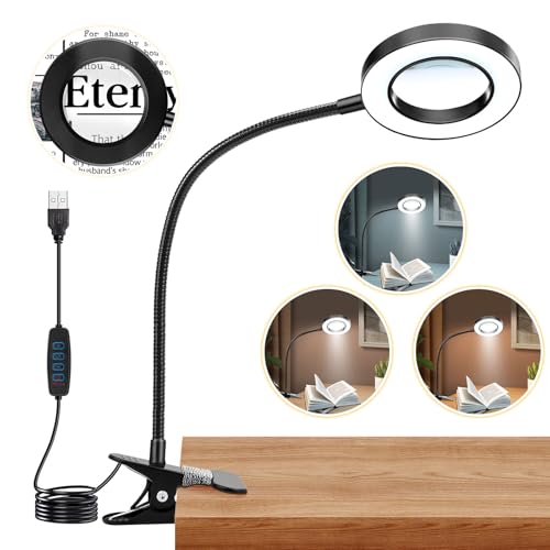 10X Magnifying Glass with Light Clip on Mganifier with 48 LED Lights | Desk Magnifying Glass wtih Clamp, 3 Modes Dimmable Magnifying LED Lamps for Bed Work Crafts DIY