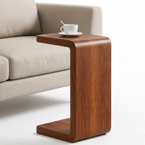 C Shaped End Table for Couch – Wood Sofa Side Table with Slide-Under Base | Space Saving Narrow Snack Table for Living Room, Bedroom & Small Spaces, Walnut - color: Walnut