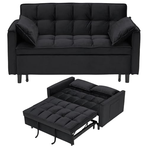 3 in 1 Convertible Sleeper Sofa Bed, Velvet Loveseat Futon Pull-Out Couch with Adjustable Reclining Backrest, Side Pockets and Pillows for Living Room, Bedroom, Apartment, Small Spaces (Black-Velvet) - color: Black-velvet