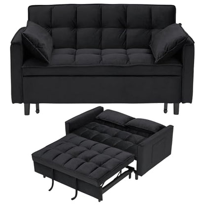 3 in 1 Convertible Sleeper Sofa Bed, Velvet Loveseat Futon Pull-Out Couch with Adjustable Reclining Backrest, Side Pockets and Pillows for Living Room, Bedroom, Apartment, Small Spaces (Black-Velvet) - color: Black-velvet