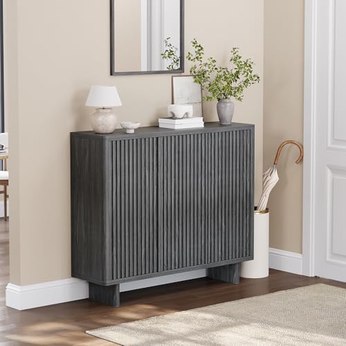 GarveeHome 46 Inch Shoe Cabinet with 4 Adjustable Shelves, 5-Tier Fluted Door Storage, Pop-Up One-Touch Opening, Anti-Tip Hardware, Freestanding Rustic Shoe Bench for Entryway & Hallway