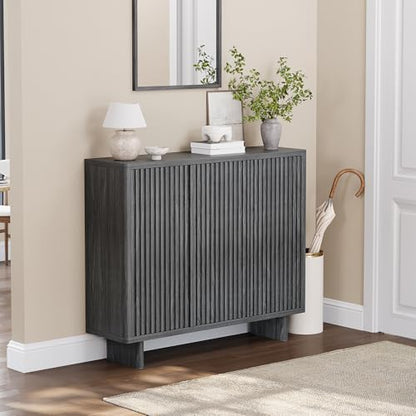 GarveeHome 46 Inch Shoe Cabinet with 4 Adjustable Shelves, 5-Tier Fluted Door Storage, Pop-Up One-Touch Opening, Anti-Tip Hardware, Freestanding Rustic Shoe Bench for Entryway & Hallway