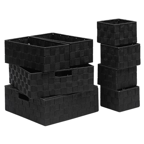 Stackable Woven Storage Baskets with Lids and Metal Frame, Set of 8 | Black polypropylene organizer bins with lids in assorted sizes for drawers, closet, shelf, nursery and office storage - color: Black, size: 8PCS-with lid